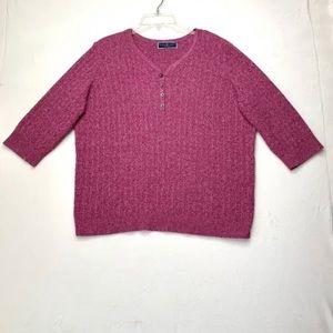 Karen Scott Womens Sweater Purple Knit 3/4 Sleeve 1/2 Button V-Neck Ribbed